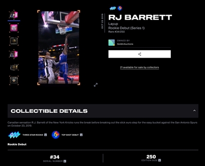 2019-20 NBA Top Shot "Rookie Debut" (Series 1) RJ Barrett Layup (#34/250)